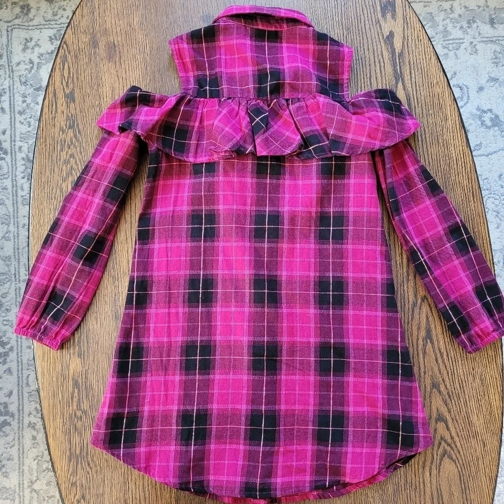 PLACE Long Sleeve Plaid Ruffle Twill Cold Shoulder Dress Size Girl's Medium NEW